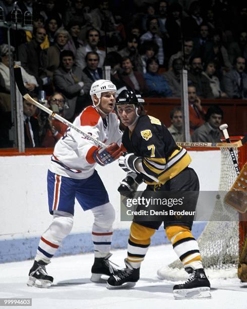 Raymond Bourque of the Boston Bruins skates against the Montreal Canadiens in the 1980's at the Montreal Forum in Montreal, Quebec, Canada.