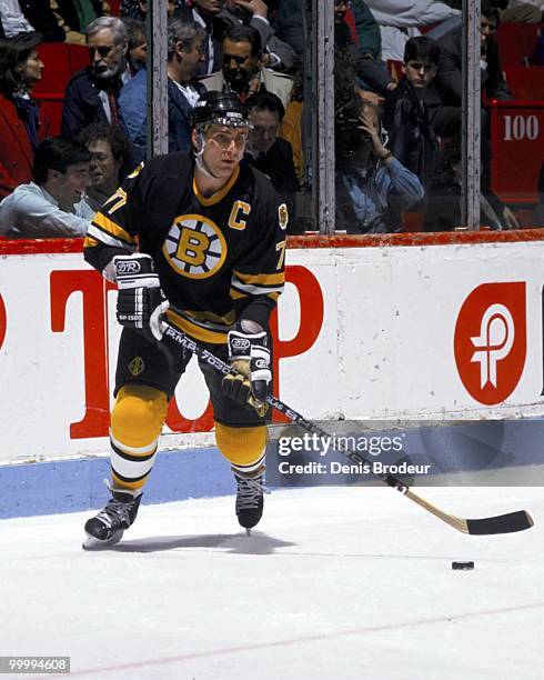 Raymond Bourque of the Boston Bruins skates against the Montreal Canadiens in the 1980's at the Montreal Forum in Montreal, Quebec, Canada.