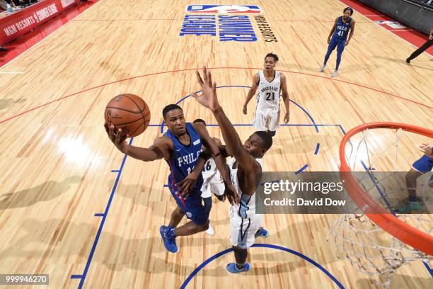 Demetrius Jackson of the Philadelphia 76ers goes to the basket against the Memphis Grizzlies during the 2018 Las Vegas Summer League on July 15, 2018...