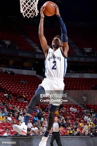 Kobi Simmons of the Memphis Grizzlies dunks the ball against the Philadelphia 76ers during the 2018 Las Vegas Summer League on July 15, 2018 at the...