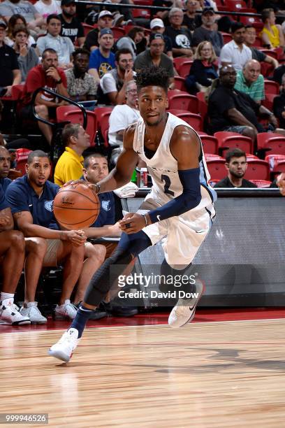 Kobi Simmons of the Memphis Grizzlies handles the ball against the Philadelphia 76ers during the 2018 Las Vegas Summer League on July 15, 2018 at the...