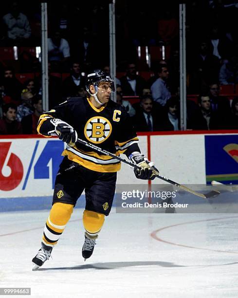 Raymond Bourque of the Boston Bruins skates against the Montreal Canadiens in the 1980's at the Montreal Forum in Montreal, Quebec, Canada.