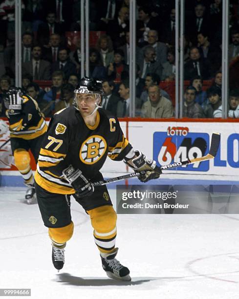 Raymond Bourque of the Boston Bruins skates against the Montreal Canadiens in the 1980's at the Montreal Forum in Montreal, Quebec, Canada.