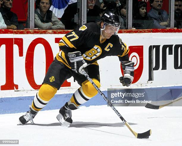 Raymond Bourque of the Boston Bruins skates against the Montreal Canadiens in the 1980's at the Montreal Forum in Montreal, Quebec, Canada.