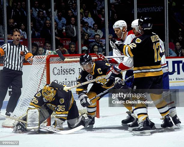 Raymond Bourque of the Boston Bruins skates against the Montreal Canadiens in the 1980's at the Montreal Forum in Montreal, Quebec, Canada.