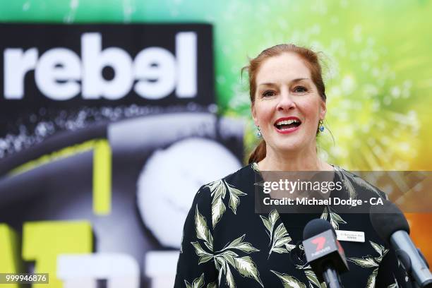 City of Port Phillip Mayor, Cr Bernadene Voss speaks during the Women's Big Bash League schedule announcement at Junction Oval on July 16, 2018 in...