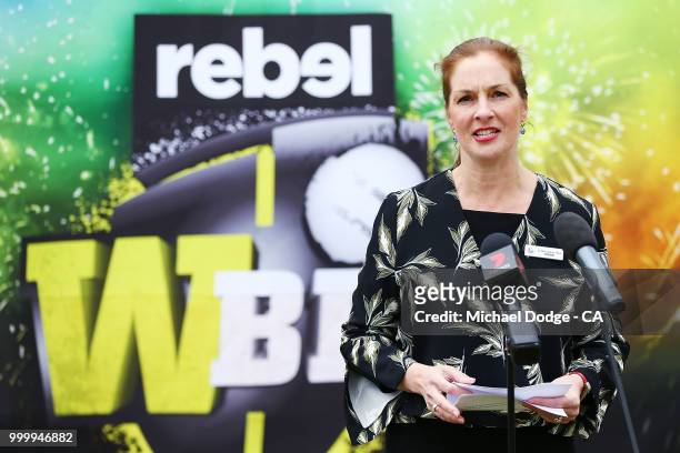 City of Port Phillip Mayor, Cr Bernadene Voss speaks during the Women's Big Bash League schedule announcement at Junction Oval on July 16, 2018 in...