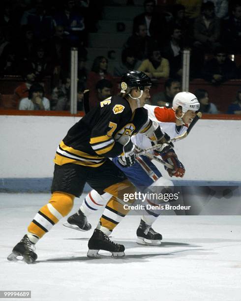 Raymond Bourque of the Boston Bruins skates against the Montreal Canadiens in the 1980's at the Montreal Forum in Montreal, Quebec, Canada.