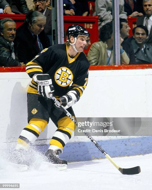 Raymond Bourque of the Boston Bruins skates against the Montreal Canadiens in the 1980's at the Montreal Forum in Montreal, Quebec, Canada.