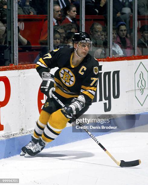 Raymond Bourque of the Boston Bruins skates against the Montreal Canadiens in the 1980's at the Montreal Forum in Montreal, Quebec, Canada.