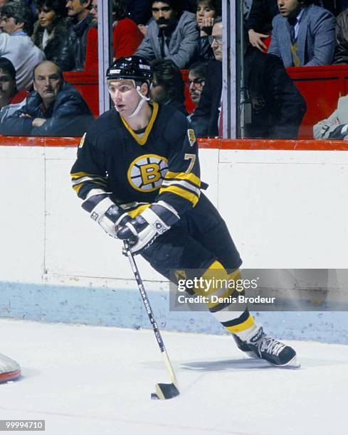 Raymond Bourque of the Boston Bruins skates against the Montreal Canadiens in the 1980's at the Montreal Forum in Montreal, Quebec, Canada.