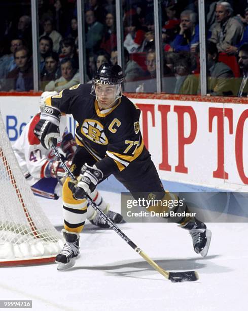 Raymond Bourque of the Boston Bruins skates against the Montreal Canadiens in the 1980's at the Montreal Forum in Montreal, Quebec, Canada.