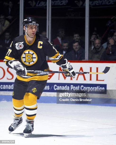 Raymond Bourque of the Boston Bruins skates against the Montreal Canadiens in the 1980's at the Montreal Forum in Montreal, Quebec, Canada.