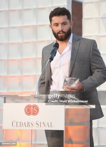 Honoree Baker Mayfield speaks onstage during the 33rd Annual Cedars-Sinai Sports Spectacular at The Compound on July 15, 2018 in Inglewood,...