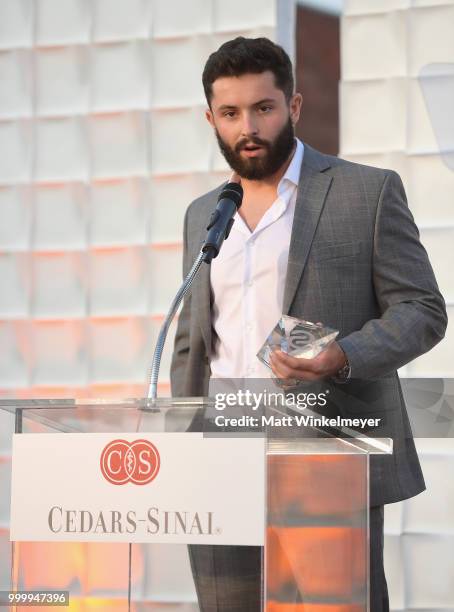 Honoree Baker Mayfield speaks onstage during the 33rd Annual Cedars-Sinai Sports Spectacular at The Compound on July 15, 2018 in Inglewood,...