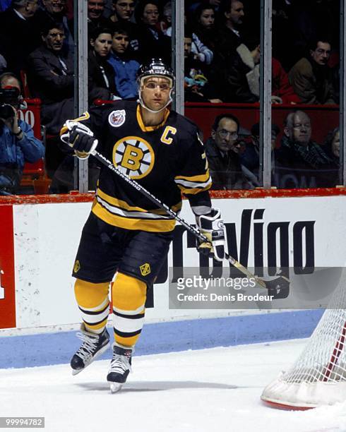 Raymond Bourque of the Boston Bruins skates against the Montreal Canadiens in the 1980's at the Montreal Forum in Montreal, Quebec, Canada.