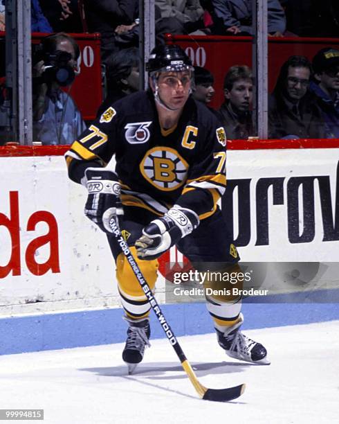 Raymond Bourque of the Boston Bruins skates against the Montreal Canadiens in the 1980's at the Montreal Forum in Montreal, Quebec, Canada.