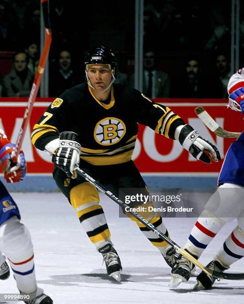 Raymond Bourque of the Boston Bruins skates against the Montreal Canadiens in the 1980's at the Montreal Forum in Montreal, Quebec, Canada.