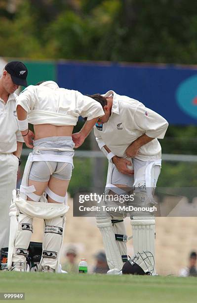 Lou Vincent and Stephen Fleming of New Zealand adjust their pads during the 3rd Test match between Australia and New Zealand at the WACA ground in...