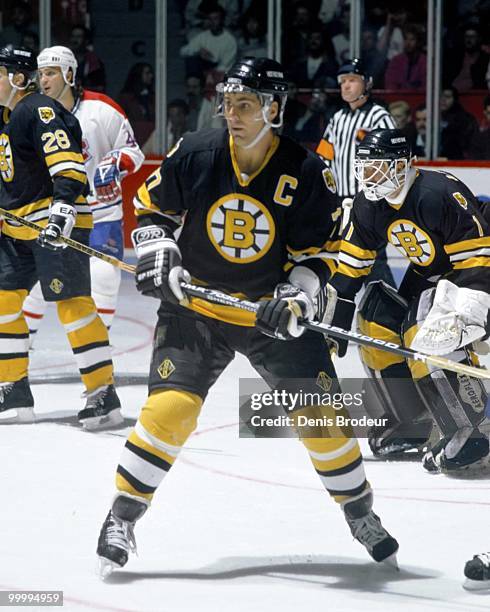 Raymond Bourque of the Boston Bruins skates against the Montreal Canadiens in the 1980's at the Montreal Forum in Montreal, Quebec, Canada.