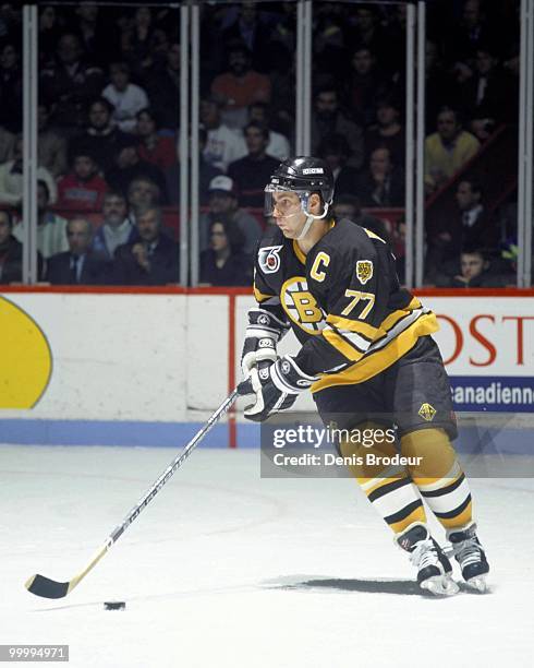 Raymond Bourque of the Boston Bruins skates against the Montreal Canadiens in the 1980's at the Montreal Forum in Montreal, Quebec, Canada.