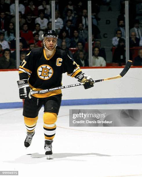 Raymond Bourque of the Boston Bruins skates against the Montreal Canadiens in the 1980's at the Montreal Forum in Montreal, Quebec, Canada.