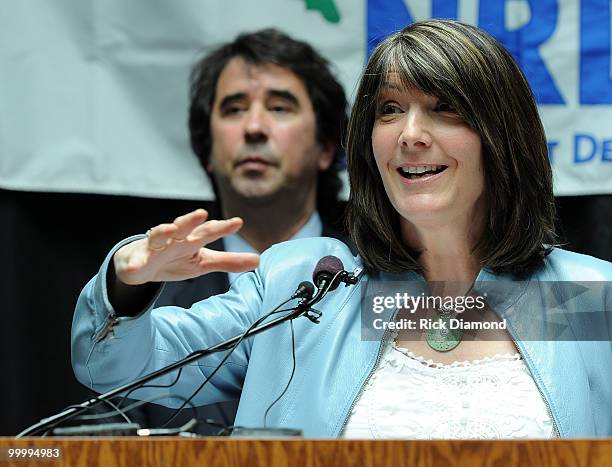 Singer Songwriter Kathy Mattea addresses the press during the" Music Saves Mountains" benefit concert press conference at the Ryman Auditorium on May...