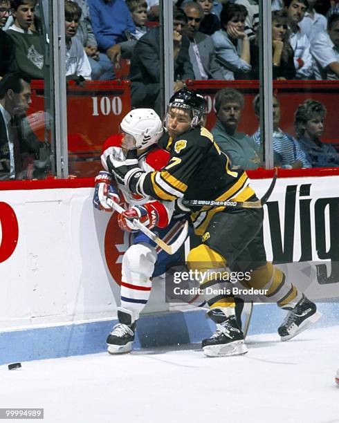 Raymond Bourque of the Boston Bruins skates against the Montreal Canadiens in the 1980's at the Montreal Forum in Montreal, Quebec, Canada.