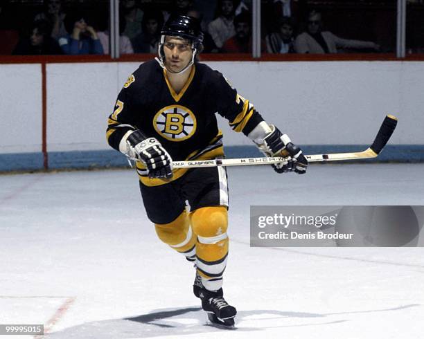 Raymond Bourque of the Boston Bruins skates against the Montreal Canadiens in the 1980's at the Montreal Forum in Montreal, Quebec, Canada.