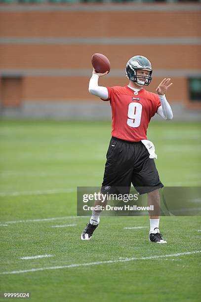 Quarterback Joey Elliott of the Philadelphia Eagles passes during practice on May 19, 2010 at the NovaCare Complex in Philadelphia, Pennsylvania.