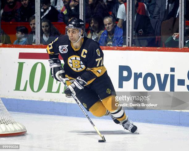 Raymond Bourque of the Boston Bruins skates against the Montreal Canadiens in the 1980's at the Montreal Forum in Montreal, Quebec, Canada.