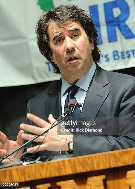 Allen Hershkowitz, Ph.D. Addresses the press during the" Music Saves Mountains" benefit concert press conference at the Ryman Auditorium on May 19,...