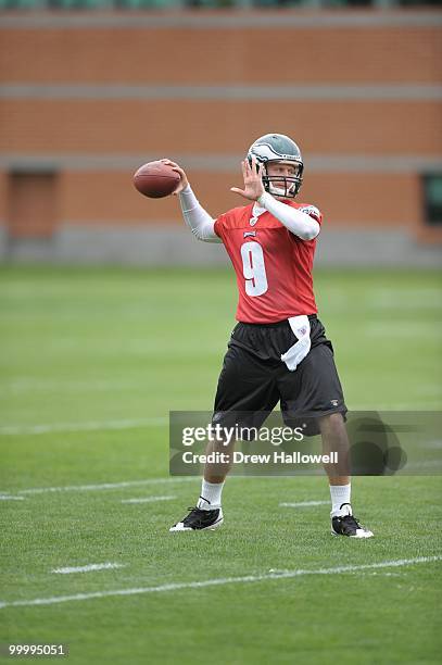 Quarterback Joey Elliott of the Philadelphia Eagles passes during practice on May 19, 2010 at the NovaCare Complex in Philadelphia, Pennsylvania.