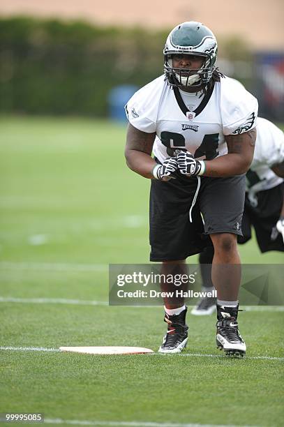 Defensive tackle Jeff Owens of the Philadelphia Eagles blocks during practice on May 19, 2010 at the NovaCare Complex in Philadelphia, Pennsylvania.