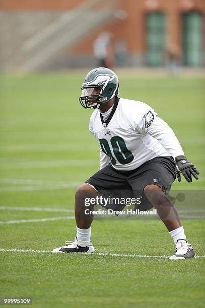Defensive tackle Antonio Dixon of the Philadelphia Eagles blocks during practice on May 19, 2010 at the NovaCare Complex in Philadelphia,...