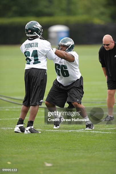 Defensive tackle Boo Robinson of the Philadelphia Eagles blocks during practice on May 19, 2010 at the NovaCare Complex in Philadelphia, Pennsylvania.