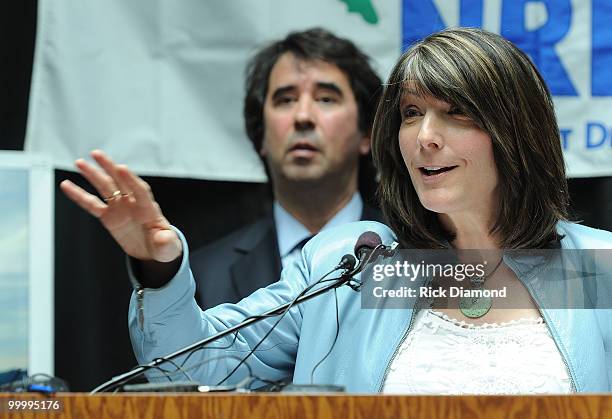 Singer Songwriter Kathy Mattea addresses the press during the" Music Saves Mountains" benefit concert press conference at the Ryman Auditorium on May...