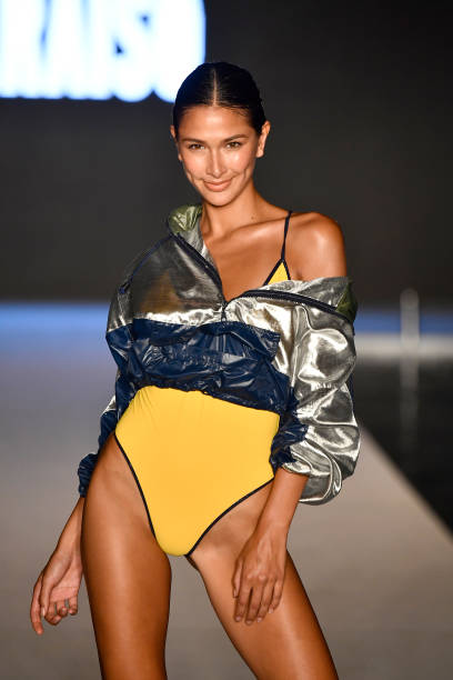 Model walks the runway for the 2018 Sports Illustrated Swimsuit show at PARAISO during Miami Swim Week at The W Hotel South Beach on July 15, 2018 in...
