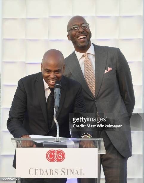 Hosts Kevin Frazier and John Salley speak onstage the 33rd Annual Cedars-Sinai Sports Spectacular at The Compound on July 15, 2018 in Inglewood,...