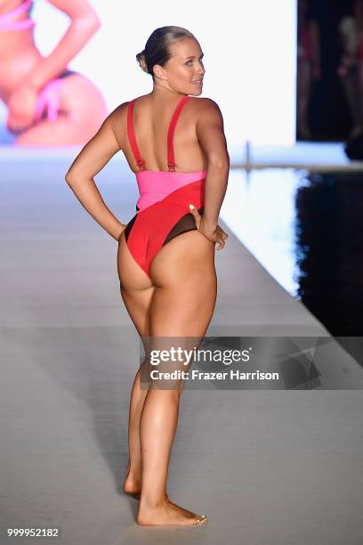 Model walks the runway for the 2018 Sports Illustrated Swimsuit show at PARAISO during Miami Swim Week at The W Hotel South Beach on July 15, 2018 in...