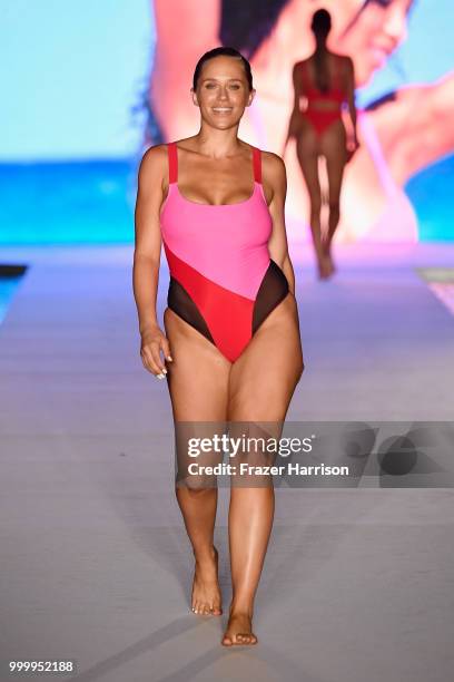 Model walks the runway for the 2018 Sports Illustrated Swimsuit show at PARAISO during Miami Swim Week at The W Hotel South Beach on July 15, 2018 in...