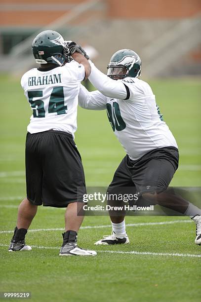 Defensive tackle Antonio Dixon of the Philadelphia Eagles blocks during practice on May 19, 2010 at the NovaCare Complex in Philadelphia,...