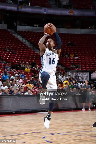 Brandon Goodwin of the Memphis Grizzlies shoots the ball against the Philadelphia 76ers during the 2018 Las Vegas Summer League on July 15, 2018 at...
