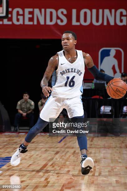 Brandon Goodwin of the Memphis Grizzlies handles the ball against the Philadelphia 76ers during the 2018 Las Vegas Summer League on July 15, 2018 at...