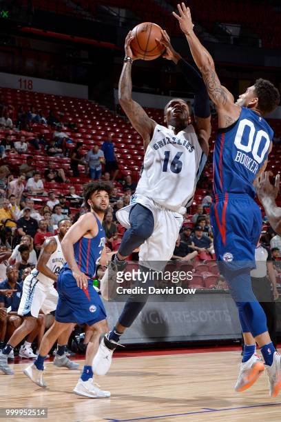 Brandon Goodwin of the Memphis Grizzlies goes to the basket against the Philadelphia 76ers during the 2018 Las Vegas Summer League on July 15, 2018...