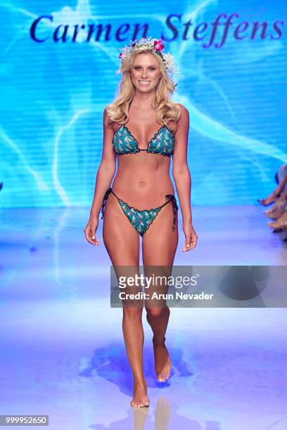 Model walks the runway for Carmen Steffens at Miami Swim Week powered by Art Hearts Fashion Swim/Resort 2018/19 at Faena Forum on July 15, 2018 in...