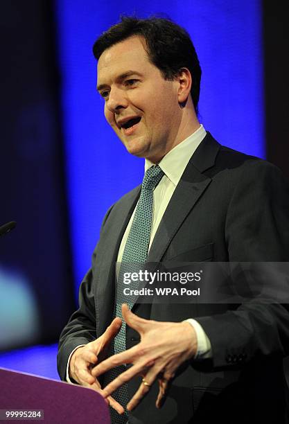 Chancellor of the Exchequer George Osborne speaks at the British Industry's annual dinner at the Grosvenor House Hotel on May 19, 2010 in London,...