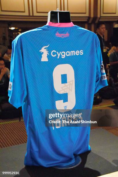 The shirts worn by Sagan Tosu new player Fernando Torres is displayed prior to a press conference on July 15, 2018 in Tokyo, Japan.