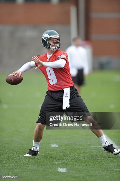 Quarterback Joey Elliott of the Philadelphia Eagles passes during practice on May 19, 2010 at the NovaCare Complex in Philadelphia, Pennsylvania.