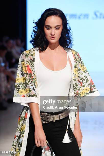 Model walks the runway for Carmen Steffens at Miami Swim Week powered by Art Hearts Fashion Swim/Resort 2018/19 at Faena Forum on July 15, 2018 in...